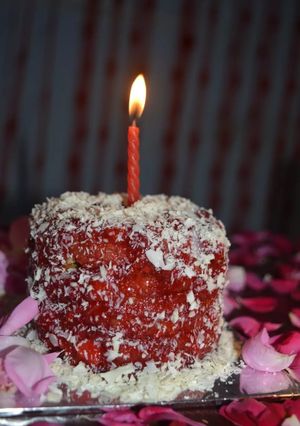 A picture of Coffee chocolate strawberry cake.