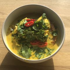 A picture of Fish Amok Cambodian lemongrass curry, paleo- & vegan-friendly.