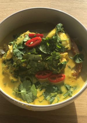 A picture of Fish Amok Cambodian lemongrass curry, paleo- & vegan-friendly.