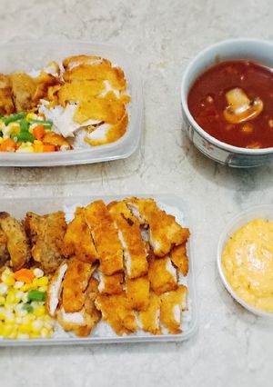 Foto resep Chicken katsu, crispy potato, mushroom hot sous, cheese egg sous