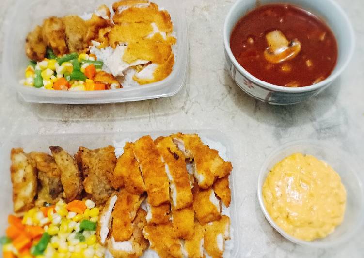 Resep Chicken katsu, crispy potato, mushroom hot sous, cheese egg sous yang Bikin Ngiler