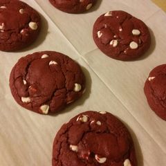 A picture of White Chocolate Chip Red Velvet Cookies (from cake mix).