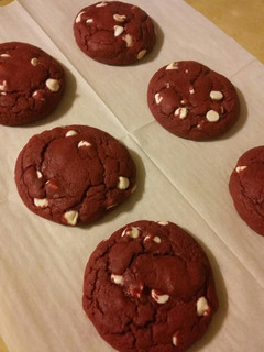 A picture of White Chocolate Chip Red Velvet Cookies (from cake mix).