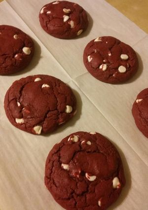 A picture of White Chocolate Chip Red Velvet Cookies (from cake mix).