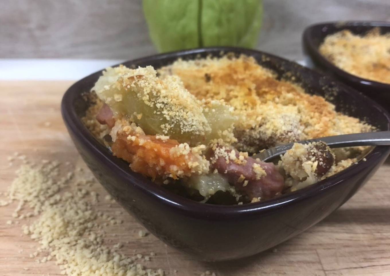 Gratin chayote (ou chouchou) patate douce bacon