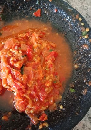 A picture of Chili Sauce with Kaffir lime leaves (Sambal jeruk purut).