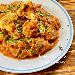 A picture of Crispy Cauliflower Nuggets with Spiced Bean Stew.