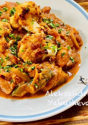 A picture of Crispy Cauliflower Nuggets with Spiced Bean Stew.