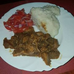 A picture of Fried matumbo,ugali and kachumbari.