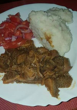 A picture of Fried matumbo,ugali and kachumbari.