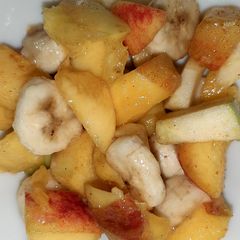 Bhindi chicken,fruit chat & homemade yogurt A picture of Bhindi chicken,fruit chat & homemade yogurt.