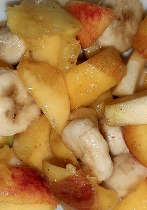 A picture of Bhindi chicken,fruit chat & homemade yogurt.