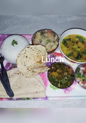 A picture of Fry dal masala bhindi boiled rice potato Chokha salad papad.