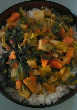 A picture of Vegetable sauce on white rice.