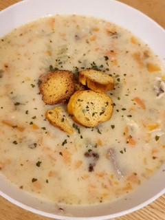 A picture of Chicken, Beef, and Vegetable Soup with Avgolemono.