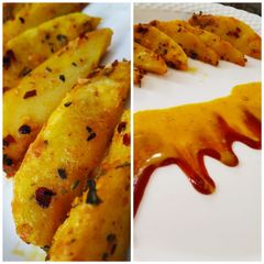 Baked potatoes with chilli flakes and mustard sauce A picture of Baked potatoes with chilli flakes and mustard sauce.