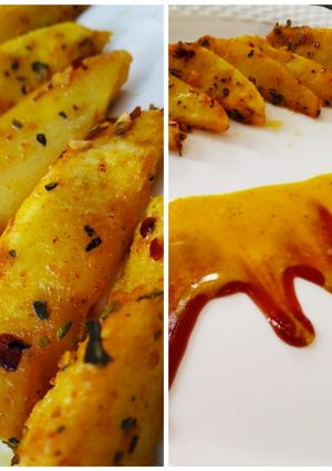 A picture of Baked potatoes with chilli flakes and mustard sauce.
