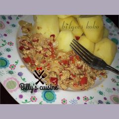 A picture of Boiled potato and egg sauce.