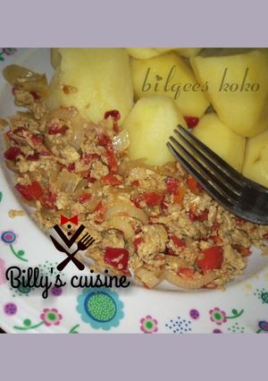 A picture of Boiled potato and egg sauce.