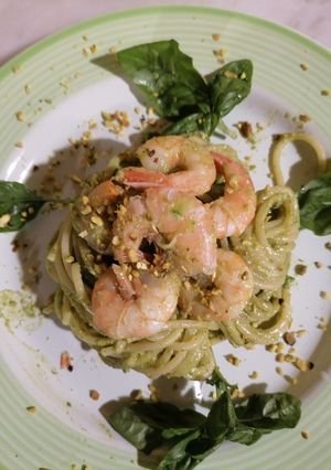 A picture of Spaghetti with Zucchini, Basil, Pistachio Pesto, and Shrimp.