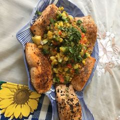 A picture of Cajun Salmon w Succotash.