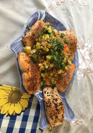 A picture of Cajun Salmon w Succotash.