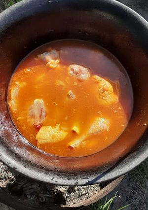 Csirkepörkölt bográcsban recept fotója