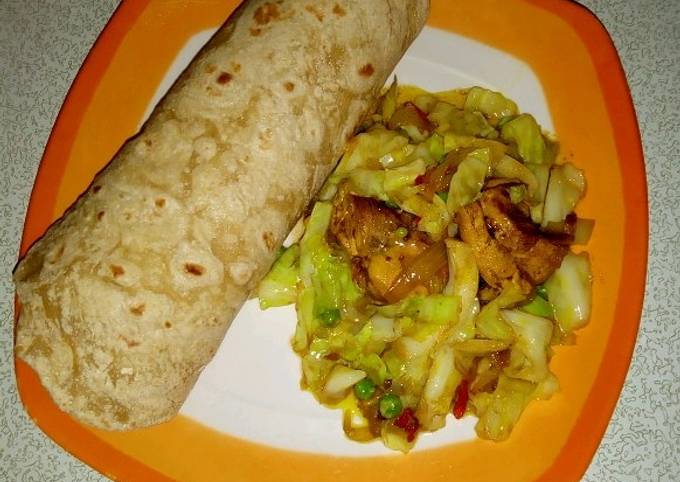 Indian roti with cabbage stir fry