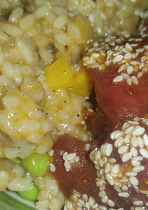 Una foto de "Atún" vegano de sandía