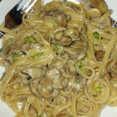 A picture of Broccoli and Mushroom Fettucine Alfredo.