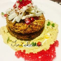 A picture of Oats & quinoa croquettes with apple slaw & corn sauce.