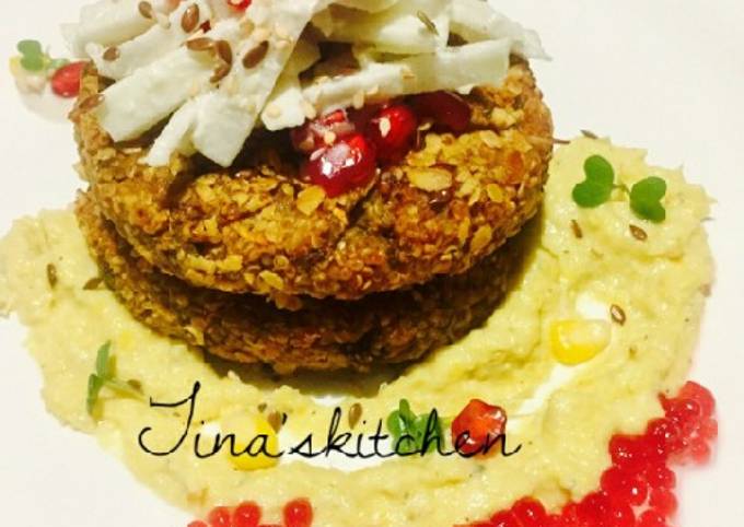 Oats & quinoa croquettes with apple slaw & corn sauce