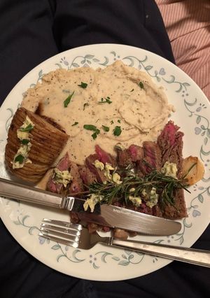 A picture of Pomme Purée, Hasselback Potato, and Colorado Angus Beef T-Bone Steak.