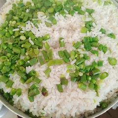 A picture of White rice with green beans.