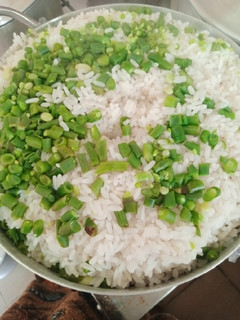 A picture of White rice with green beans.