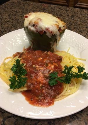 A picture of Italian Stuffed Peppers w Pasta.