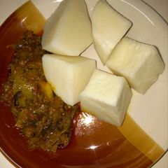 Garden Egg sauce and boiled yam A picture of Garden Egg sauce and boiled yam.