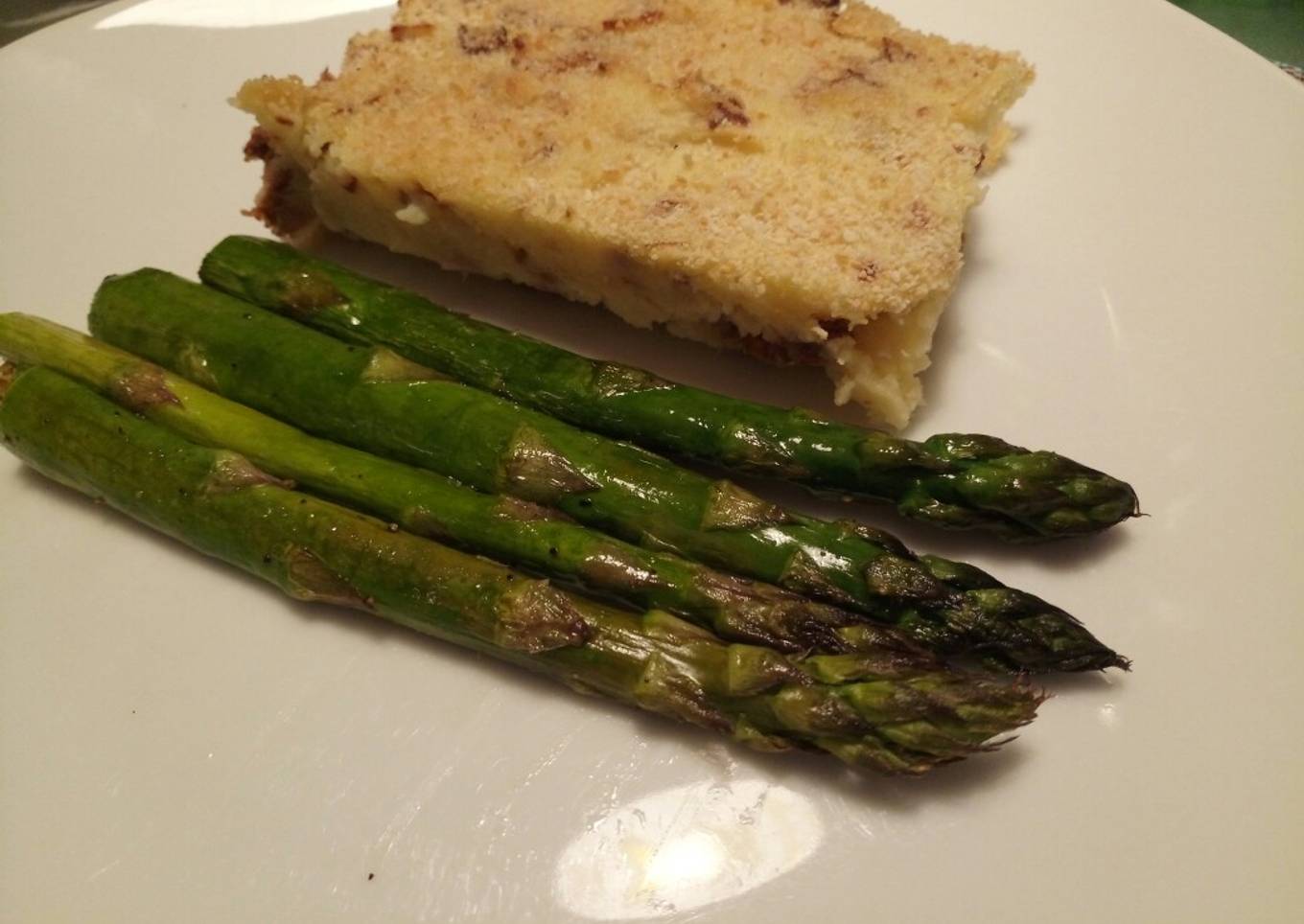Potato pie, with pancetta & chanterelle mushrooms & asparagus