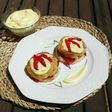 Hamburguesa de bacalao con pimientos asados