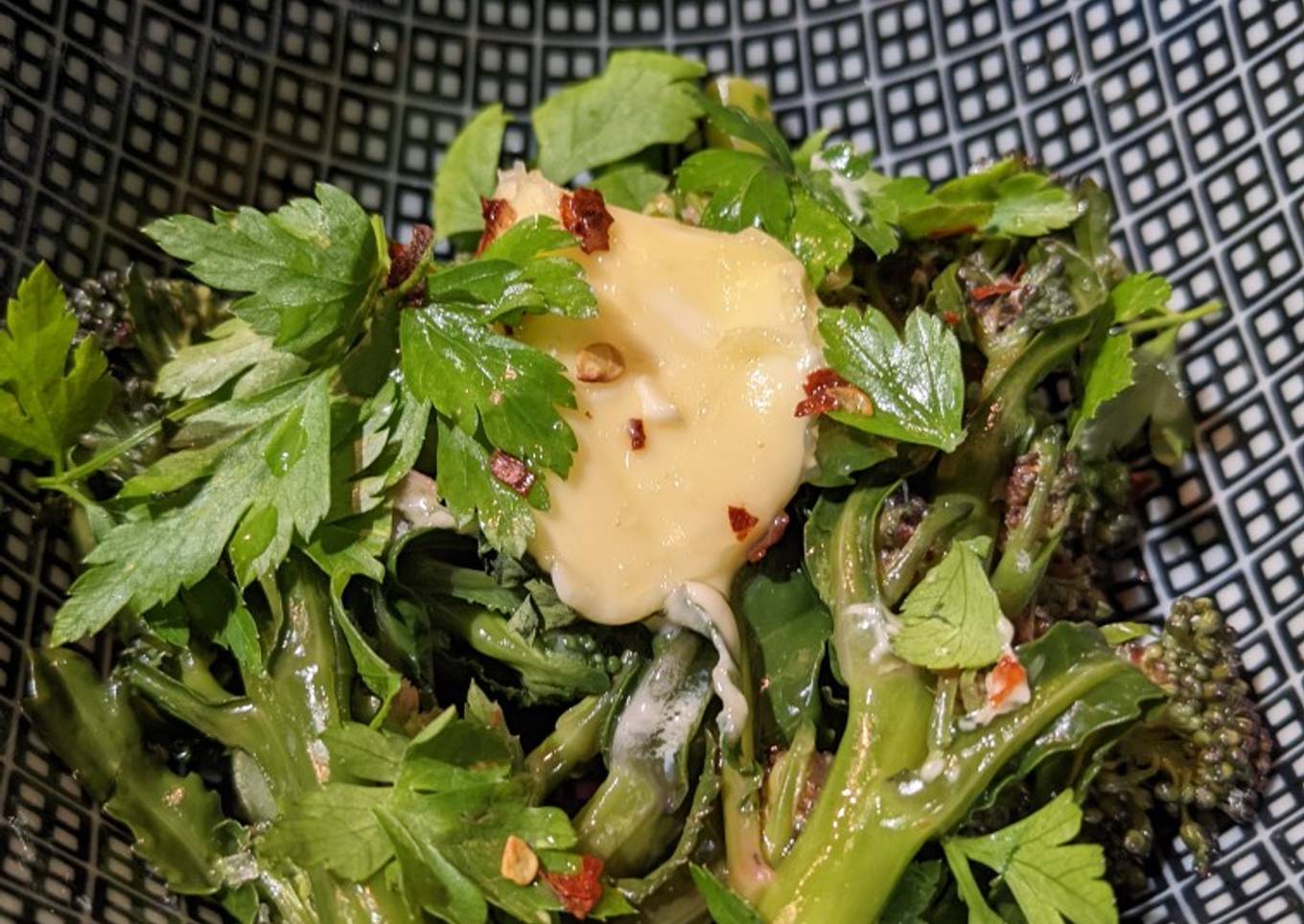 Fresh Purple sprouting broccoli and chilli salad