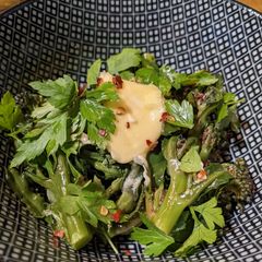 A picture of Fresh Purple sprouting broccoli and chilli salad.