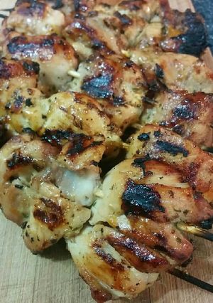 A picture of Apricot glazed chicken skewers.