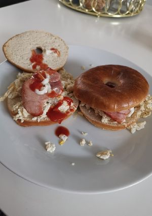 A picture of Thin bagels with egg/bacon.