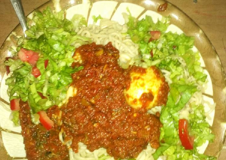 Simple Way to Prepare Ultimate Spaghetti and macaroni with stew and salad,fish and egg