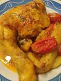 Pollo Asado al Vino Blanco y Orégano con Patatas al Pimentón y Cúrcuma y Cherrys