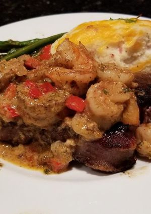 A picture of Cajun Shrimp Sauce (over Steak).