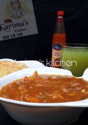 A picture of Stir fried couscous/corn beef soup.