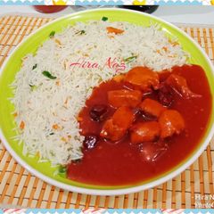 A picture of #Vegetable_FRIED_RICE_With #CHICKEN_SHASHLIK_WITH_GRAVY!!!  #CookpadAPP.