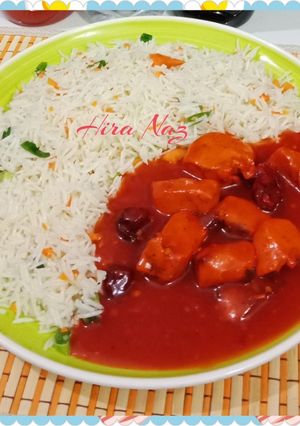 A picture of #Vegetable_FRIED_RICE_With #CHICKEN_SHASHLIK_WITH_GRAVY!!! #CookpadAPP.