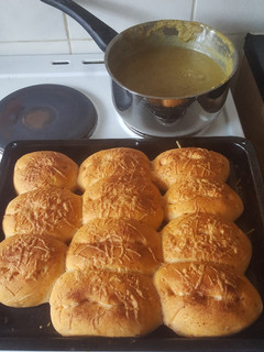 A picture of Pea & Ham Soup & Home made Bread.